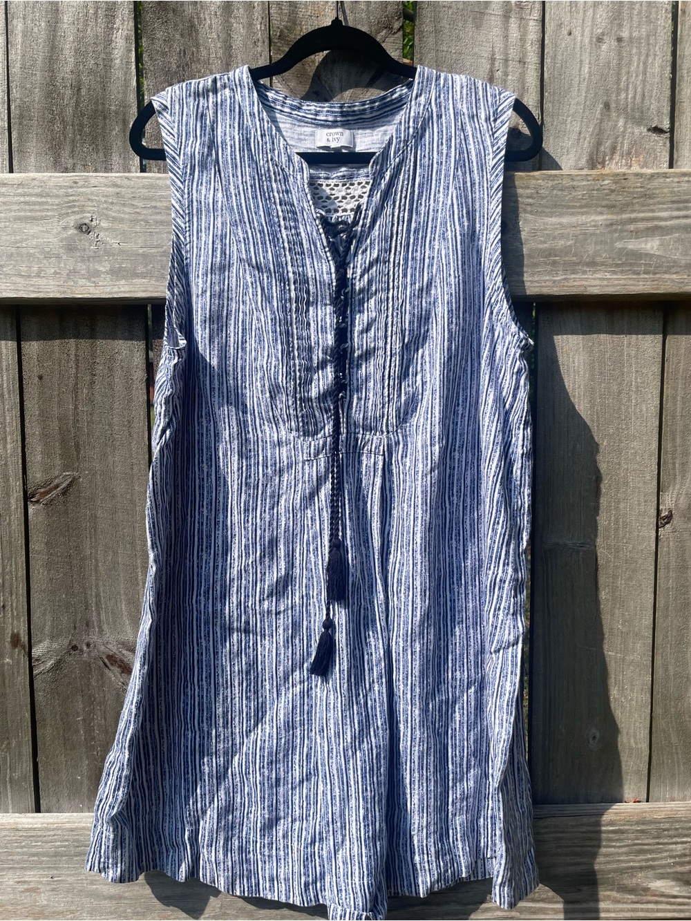 crown & ivy 100% Linen Blue and White Striped Sleeveless Midi Dress Sz L